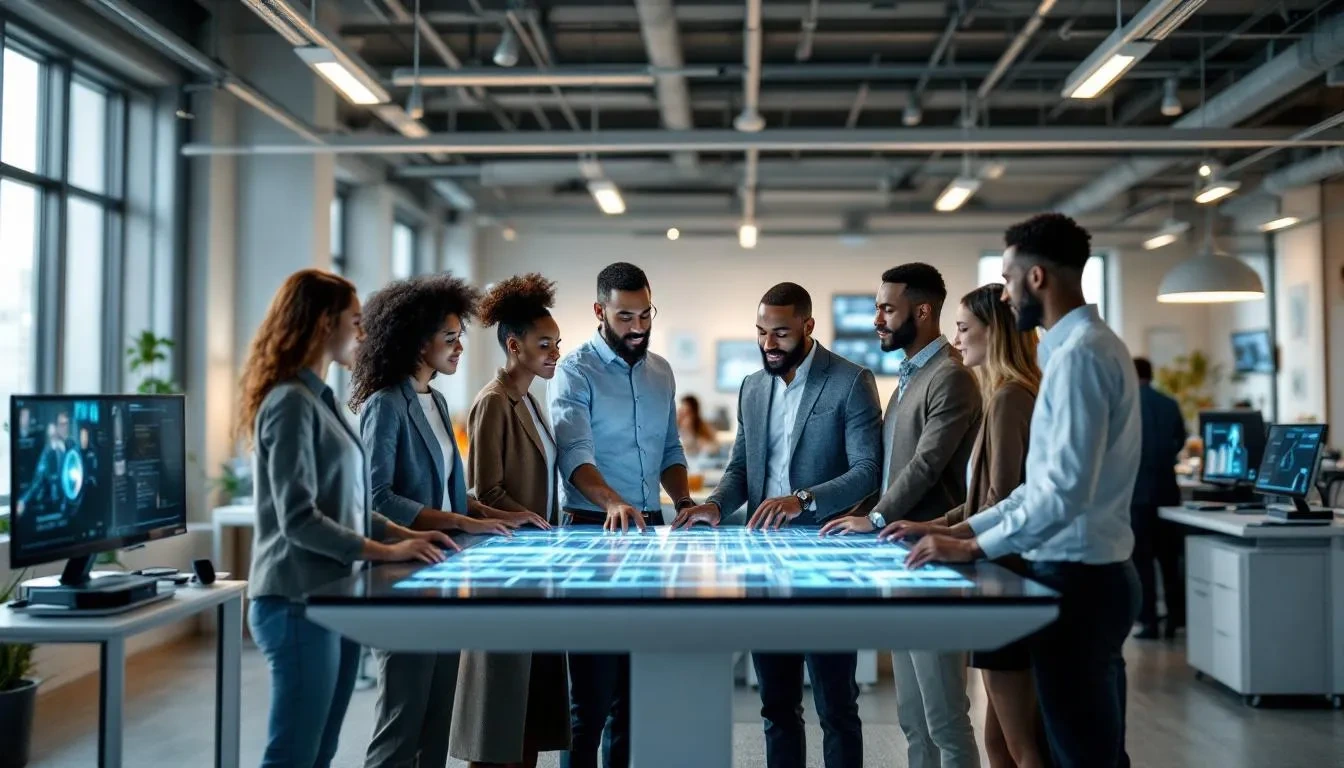 The image depicts a diverse group of professionals collaborating in a modern workspace, utilizing advanced technology to solve complex problems. Their teamwork highlights essential soft skills such as effective communication, emotional intelligence, and critical thinking, which are vital for success in today's job market.
